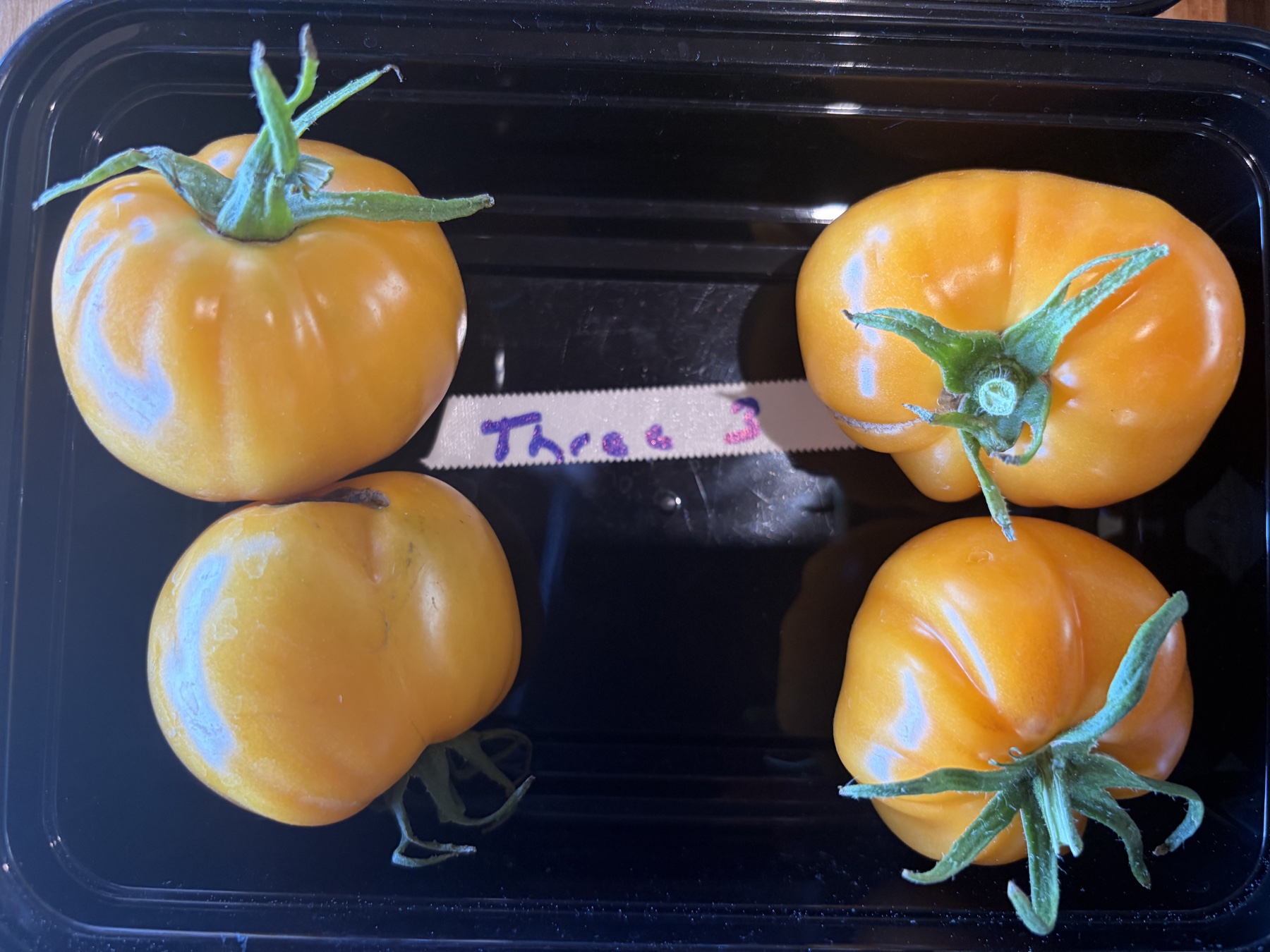 Golden-orange Iles Yellow Latvian tomatoes with gently ribbed shoulders